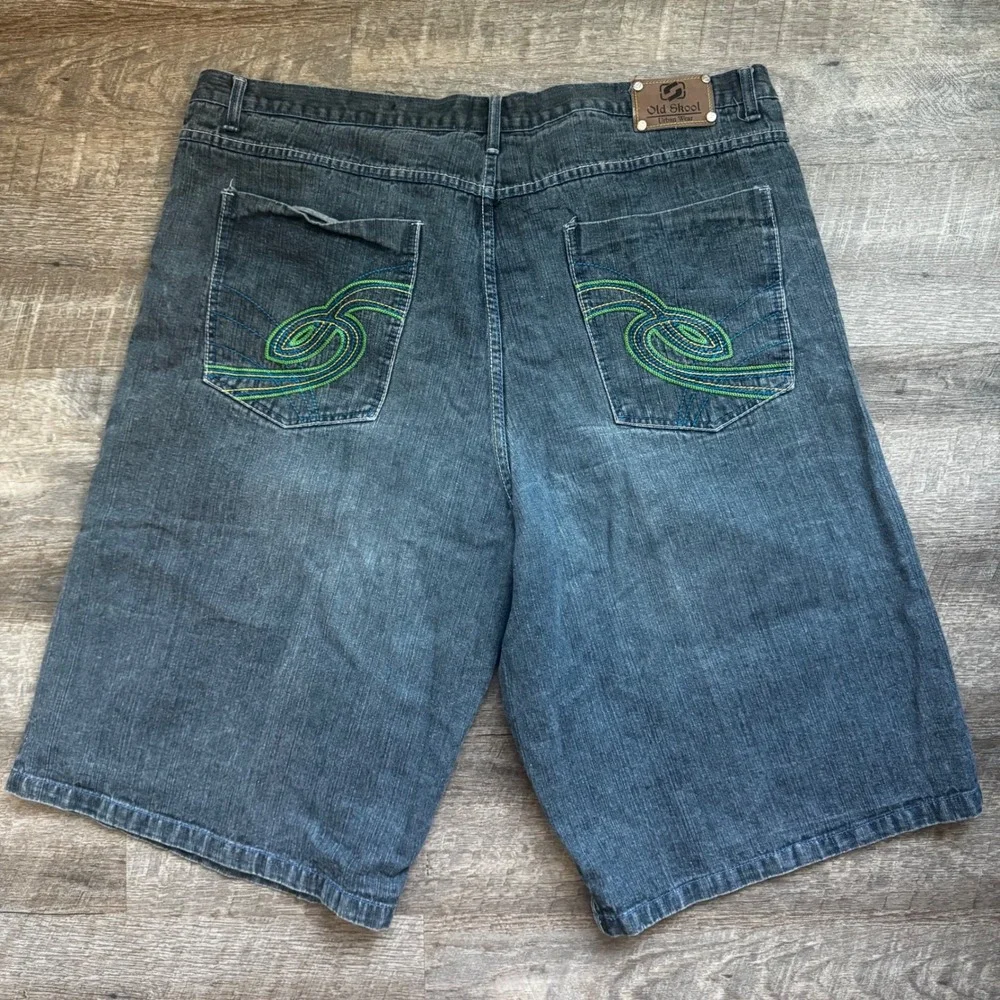 Old Skool Y2K Jean Shorts 48 ‎ Dark Wash Embroidered Baggy Hip Hop Streetwear